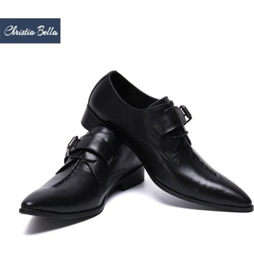 Christia Bella Simplicity Genuine Leather Men Business Shoes Fashion Buckle Large Size Lace up Pointed Toe Formal Dress Shoes
