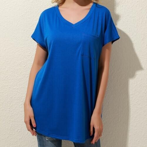 Women Basic T-Shirt Solid Color Pocket Casual Short Sleeve V-Neck Plus Size Fashion Daily Ladies tee Running Fitness Top 4 Color