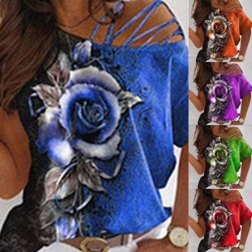 Graphic Tee Womens Rose Printed Strapless Short Sleeve T-shirt Loose Soft and Comfortable Top Summer