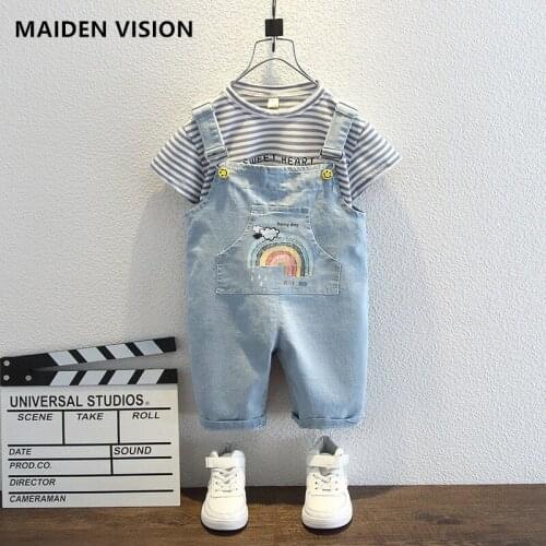 Baby boy outfit New Arrival summer Girls 2 Pieces Suit stripe T-shirt Top Denim overalls Kids Clothes Set Toddler infant Suit