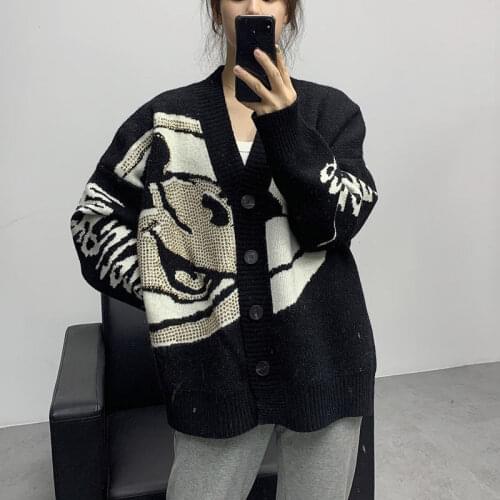 Korobov Korean V Neck Long Sleeve Cardigans Women Diamonds Embroidery Cartoon Harajuku Sweater Vintage Oversize Knit Cardigan