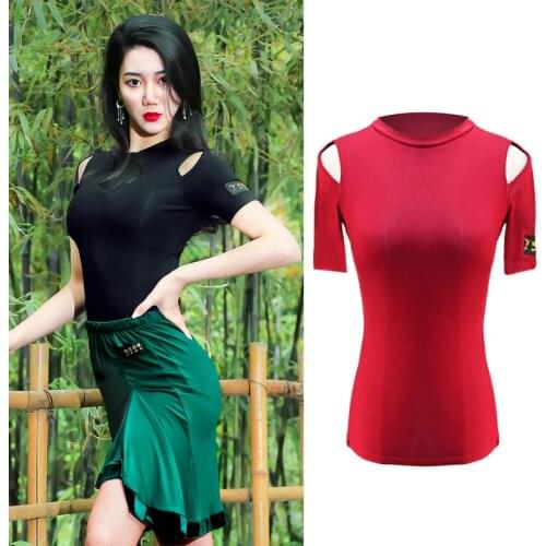 Latin Dance Costume Female Adult Long/Short-Sleeved Round Neck Open Shoulder Tops Chacha Samba Tango Latin Practice Wear DN9574