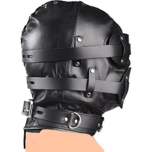 Leather Head Harness Dildo Hood Mask Bondage Restraints Sexy Costumes Exotic Apparel BDSM Cosplay Blindfold&Gag