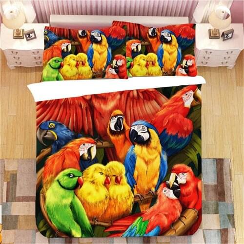 Colorful Parrots on Tree Branches Jungle Theme Watercolor Painting Decorative Duvet Cover 2/3 Piece Bedding Set with Pillowcase