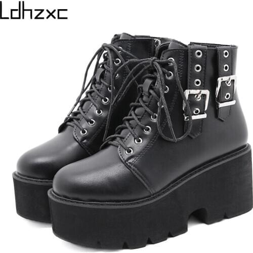 LDHZXC Ankle Boots Thick Bottom Comfortable Lacing Womens Boots winter Platform Wedges Fashion Buckle Black Gothic Chunky