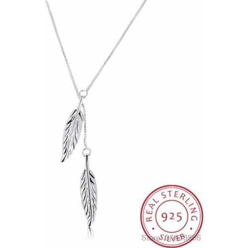 LEKANI 925 Sterling Silver Double Leaf Box Chain Feather Necklace For Women Wedding Engagement Party Jewelry
