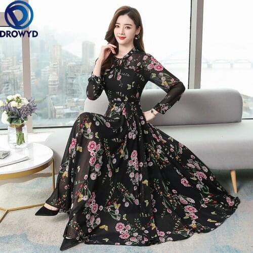 Summer Fashion Elegant Lady Chiffon Party Dresses Korea Casual Floral Printed Dress Women Vestidos Long Sleeve Slim A-Line Dress