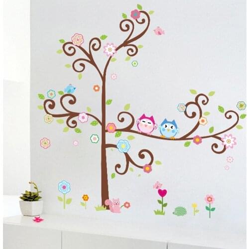 Cute Owlet On Floral Tree Wall Stickers For Kindergarten Kids Room Home Decoration Nursery Cartoon Mural Art Diy Decals Poster