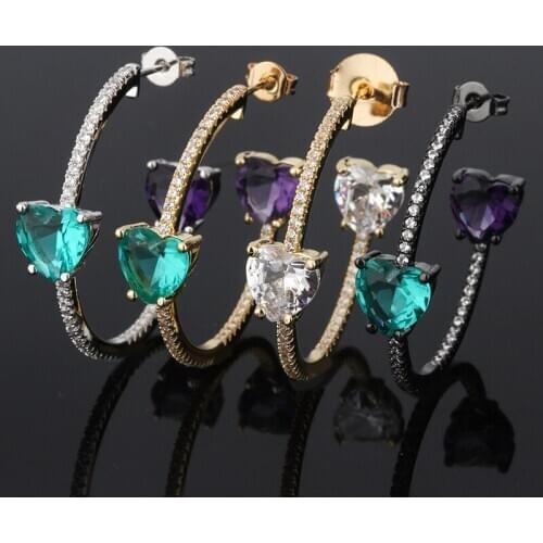 OMYFUN Fashion Hoop Earrings For Women Jewelry Luxury Statement Earrings CZ Micro Paved Ear Accessories Heart Crystal Brinco E97