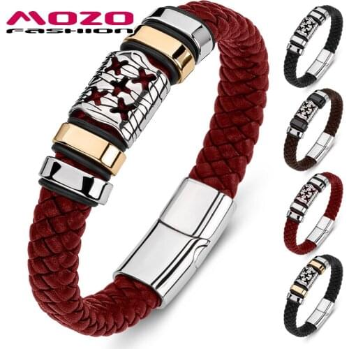 MOZO FASHION 2020 New Men Bracelets Braided Stainless Steel Trendy Letter H Bracelet Punk Genuine Leather Bangle man Jewelry 179