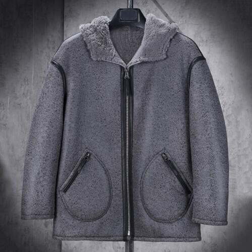 New Mens B3 Shearling Jacket Long Fur Jacket Hooded Sheepskin Coat Mens Winter Coats Grey Leather Jacket