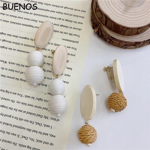 BUENOS New Vintage Creative Round Geometric Long Drop Earrings For Women Bamboo Wooden Dangle Earrings Clip Fashion Wood Jewelry