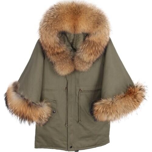 Winter clothes women Raccoon Large Fur Collar hooded cloak coat Army Green Women Casual Flare Sleeve Cotton padded Outerwear