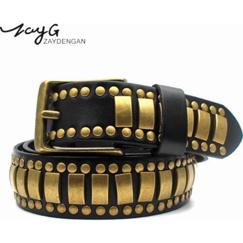 ZAYG Fashion High Quality Punk Personality Genuine Leather Pin Buckle Belt Golden metal Studded Belt Vintage Wind Big Rivet Belt