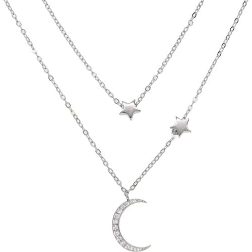 Christmas gift moon star necklace double layer chain layer 100% 925 sterling silver lovely classic moon star design jewelry