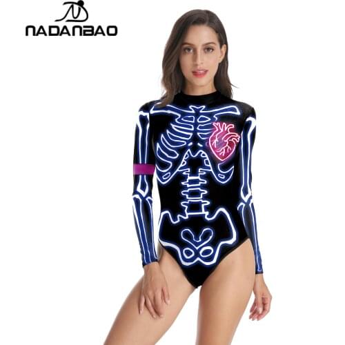 NADANBAO Halloween One-Piece Swimsuit Long Sleeve Surfing Suit Skeleton Print Push Up Sexy Swimming Suit for Women