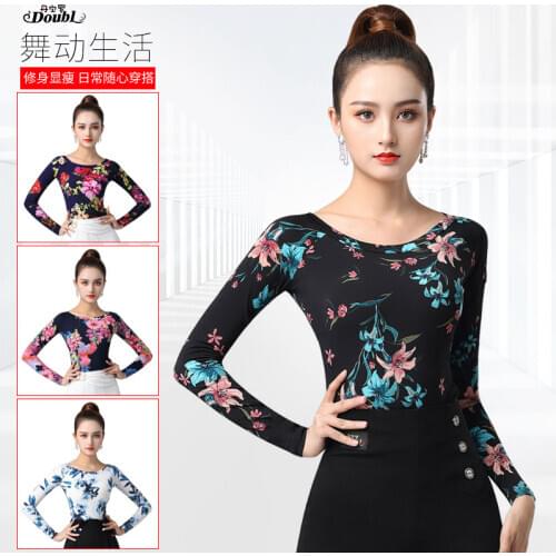 Dance Tops Latin Long Sleeve Clothes New Square Women Ballroom Dresses Performance Practice social workout muti-colour printing
