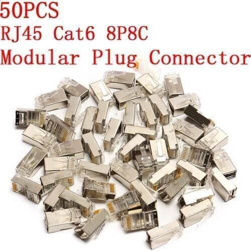 High Quality 50Pcs RJ45 Cat6 Connector 8Pin 8P8C Shielded Stranded Crimp Modular Plug Connectors Socket Internet Connector