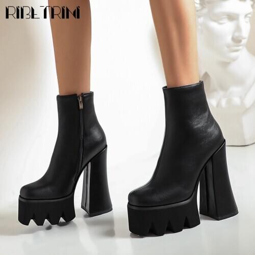 RIBETRINI Female Round Toe Zipper Shoes Fashion Brand Platform Block Heel Winter Women Boots Black Fashion Boots