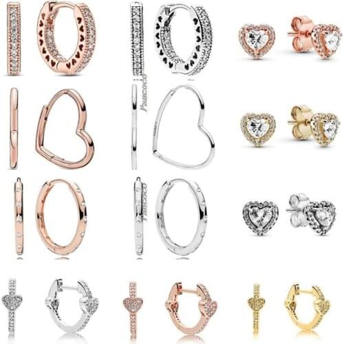 Original 925 Sterling Silver Golden Shine Sparkling Elevated Heart Earring For Women Wedding Gift Pandora Jewelry