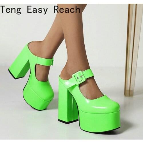 2021 Platform Square High Heel Women High Heel Shoes Fashion Buckle Women Pumps Candy Colors Patent PU Leather Womens Shoes 43