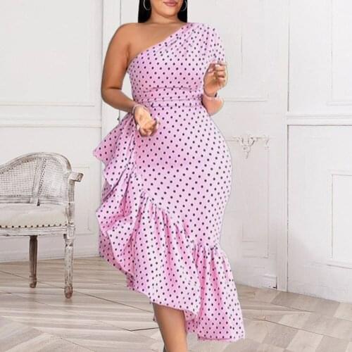 Nice Summer Fashion New Sexy One Shoulder Buttocks Asymmetry Ruffle Dots Oversize Casual Womens Dress Temperament Commute