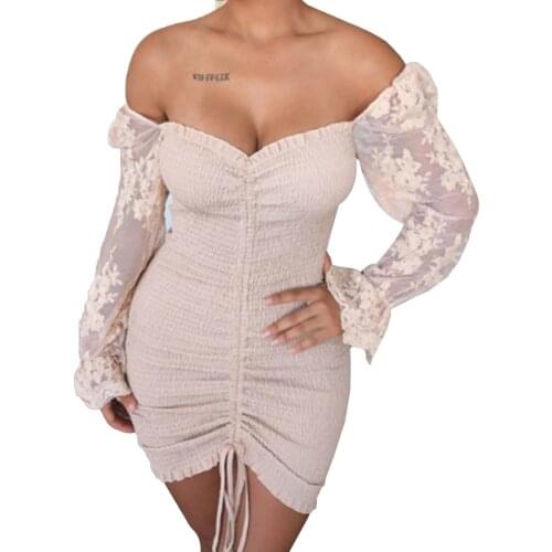 Women Sexy V-neck Dress Embroidery Pattern Long Puff Sleeves with Drawstring Design S/ M/ L