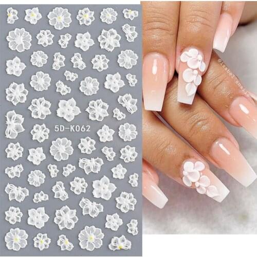 1PC Simple White Embossed Flower Lace 5D Sticker Three-dimensional Embossed Nail Art Decal Floral Butterfly Decoration