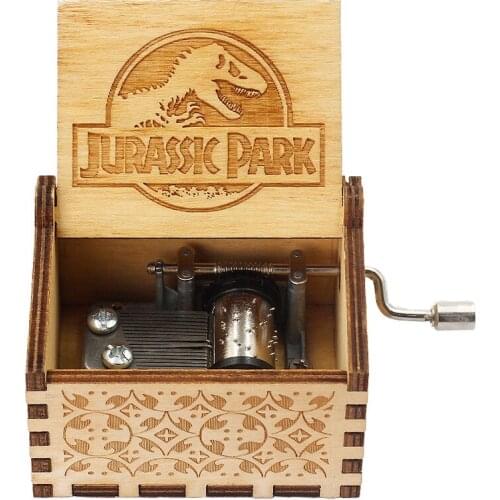 Antique Wooden Carved Jurassic Park Music Box Hand Cranked Music Box Birthday Christmas Gift Casket Decoration