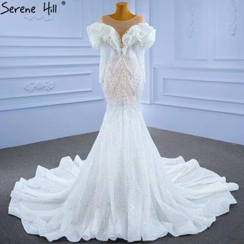 White Muslim Luxury Wedding Dresses Gowns 2021 Mermaid Elegant Beaded Pearls Bridal Dress BHM67280 Serene Hill