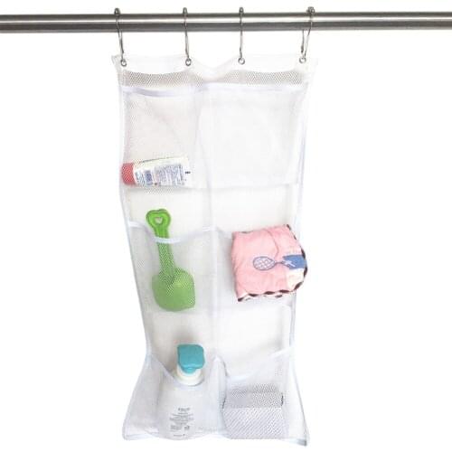 White Hanging Mesh Shower Caddy Organizer with 6 Pockets and 4 Hooks for Bathroom supplies,Storage Bag for Toys