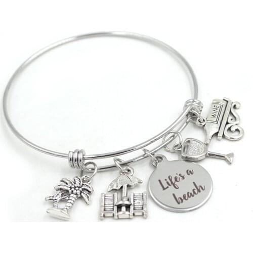 Stainless Steel Bangle Expandable Wire Bangle Life is beach Bracelet Bangle for women girls Gifts Jewelry