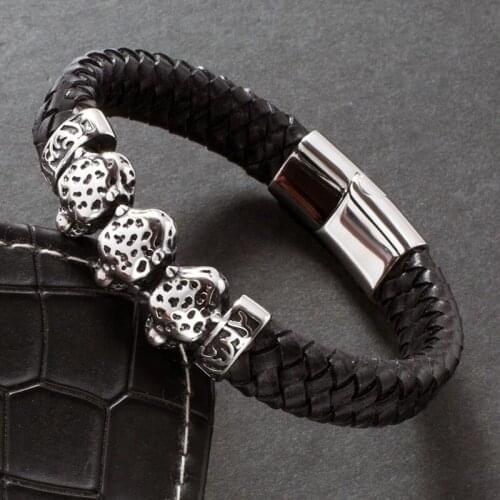 Fashion Jewelry Black Leather Bracelet Men Leopard Shape Stainless Steel Magnetic Buckle Braided Bangle Male Wrist Band Gifts