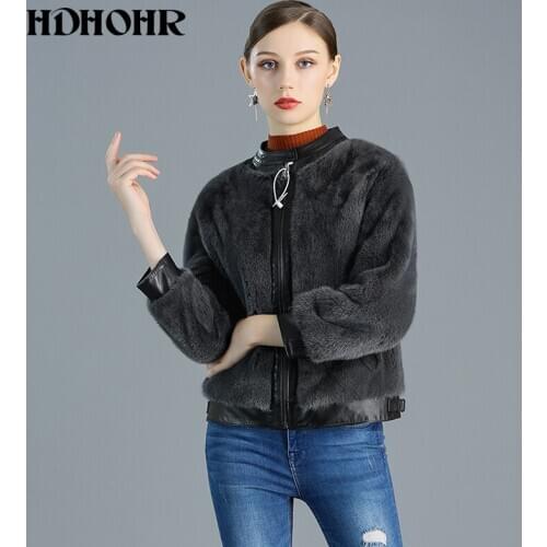 HDHOHR 2020New Fashion real mlnk fur coat woman Solid fur coats winte short Slim shovel fur coat baseball uniform jacket Casual