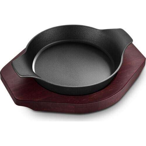 Korean barbecue fried steak pan non stick cast iron BBQ double ear raosting meat pot household grill plate wooden tray set