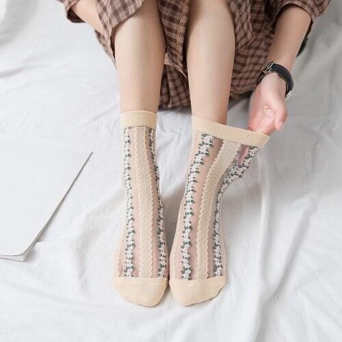 Summer Women Transparent Lace Silk Socks Breathable Ultra Thin Socks Harajuku Crystal Floral Print Female Elastic Short Socks