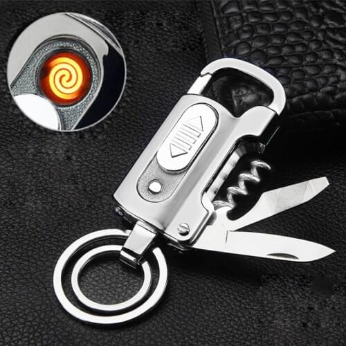 Multi-function keychain USB rechargeable Electronic Lighter Metal Windproof Cigar Lighter Beer Opener/fruit knife/Flashlight