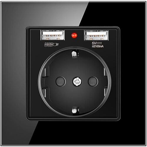 USB Wall Electrical Socket German Standard Crystal Glass Panel Wall EU Socket Power USB Outlet AC110-250V 16A