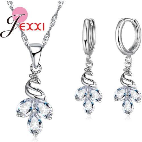Real 925 Pure Sterling Silver Rhinestone For Fashion Women Girls Animal Peacock Shape Design Jewelry Sets Fast Shipping