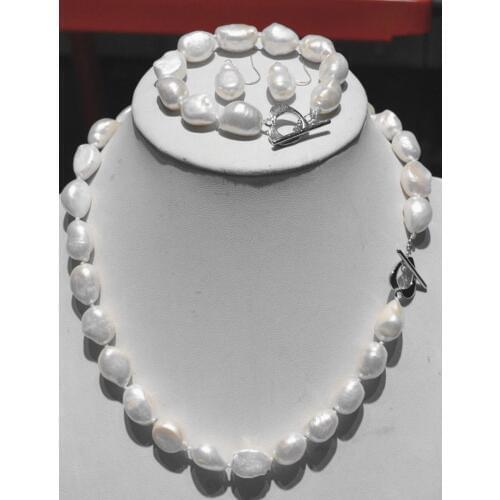 NEW charming 12-14 mm white baroque irregular pearl necklace 20" Bracelet 8"earrings set