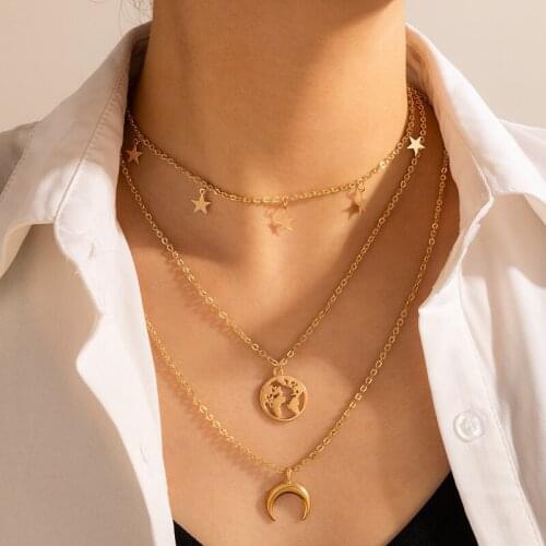Tocona Punk New Arrival Gold Color Choker Necklace Moon Round Hollow Map Multi-layer Chain Jewelry For Women Ladies Gift 7104