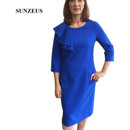Royal Blue Mother Of The Bride Knee Length Dress With Three Quarter Sleeve Straight Groom Mother Formal Dress Wedding Guest Gown
