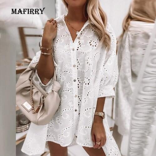 Casual Turn Down Collar Female Shirt Dress Summer Loose Lapel Solid Button Dress Elegant Female Short Sleeve Hollow Out Dress