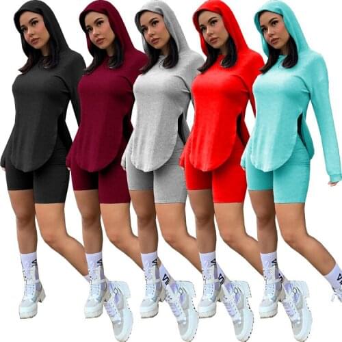 Casual Loungewear Two Piece Set Womens Clothing Hooded Long Sleeve Side Split Hoodie and Bodycon Short Athleisure Outfit Hot