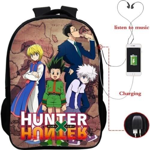 USB Charge Backpacks School Bags Teenager Boys Girl Book Bag 16 Inch Daily Schoolbag Hunter X Hunter Print Travel Bagpack Bag