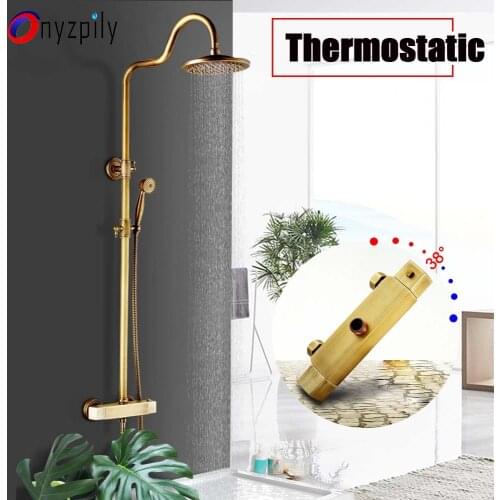 Onyzpily Thermostatic Antique Brass Shower Faucets Set 8'' Rainfall Shower Dual Handle Mixer Tap Swivel Tub Spout Bath Shower