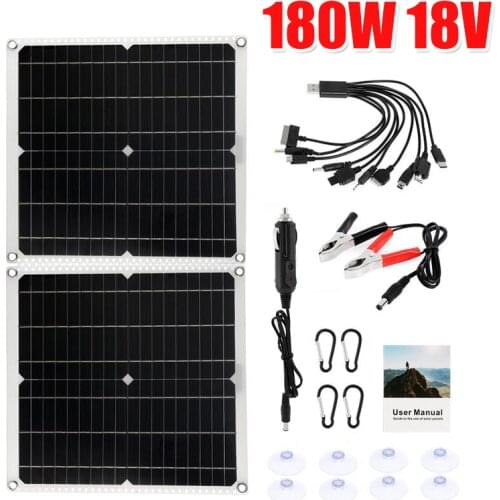 18V 180W Folding Solar Panel Battery Charger with 10 Charging Cable Waterproof Outdoor DIY Emergency Solar Cells Controller Kit