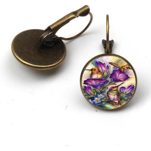 Fashion 2019 earrings hummingbird bronze cabochon Dangle earring Flower animal painting Tibetan silver for women Jewellery