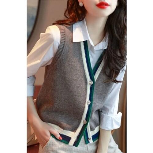 Color Matching Sleeveless Knitted Cardigan Womens Autumn Winter Temperament All Match Vest Sweater Jacket Female Tops Elegant