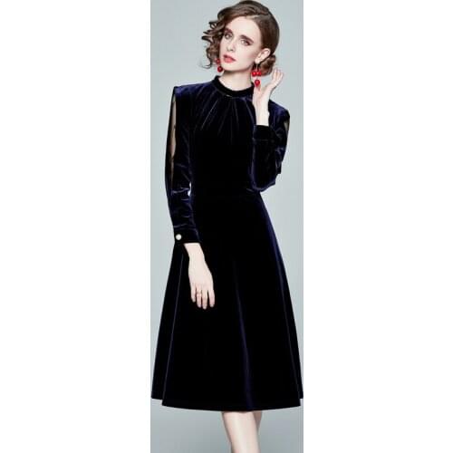 Women Autumn & Winter Elegant Velvet Dress Festa High Quality Long Vintage Office Party Robe Femme Designer Vestidos